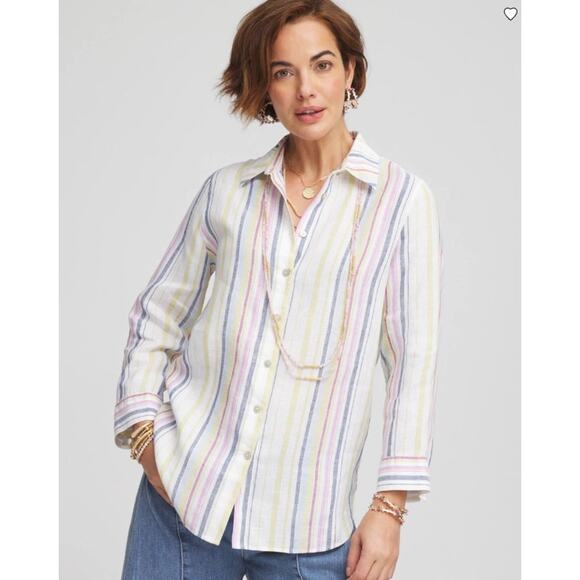 Chico's Multi No Iron Stripes Print Linen Career Button Top Women's 3 or Large - Picture 1 of 9